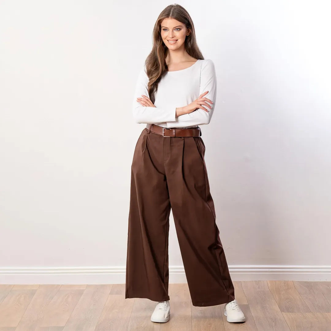 Nora Wide Leg Trousers in brown, smiling front view with arms folded