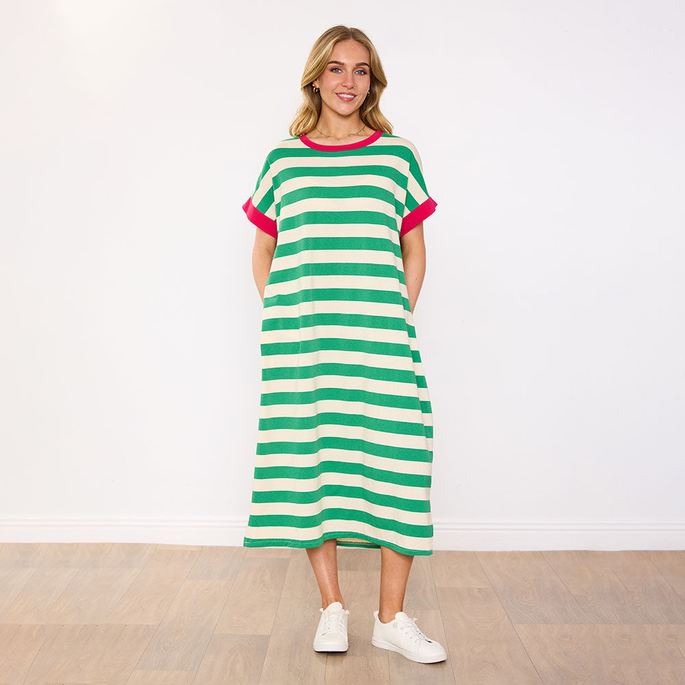 Rachel Dress (Green Stripe/Pink)