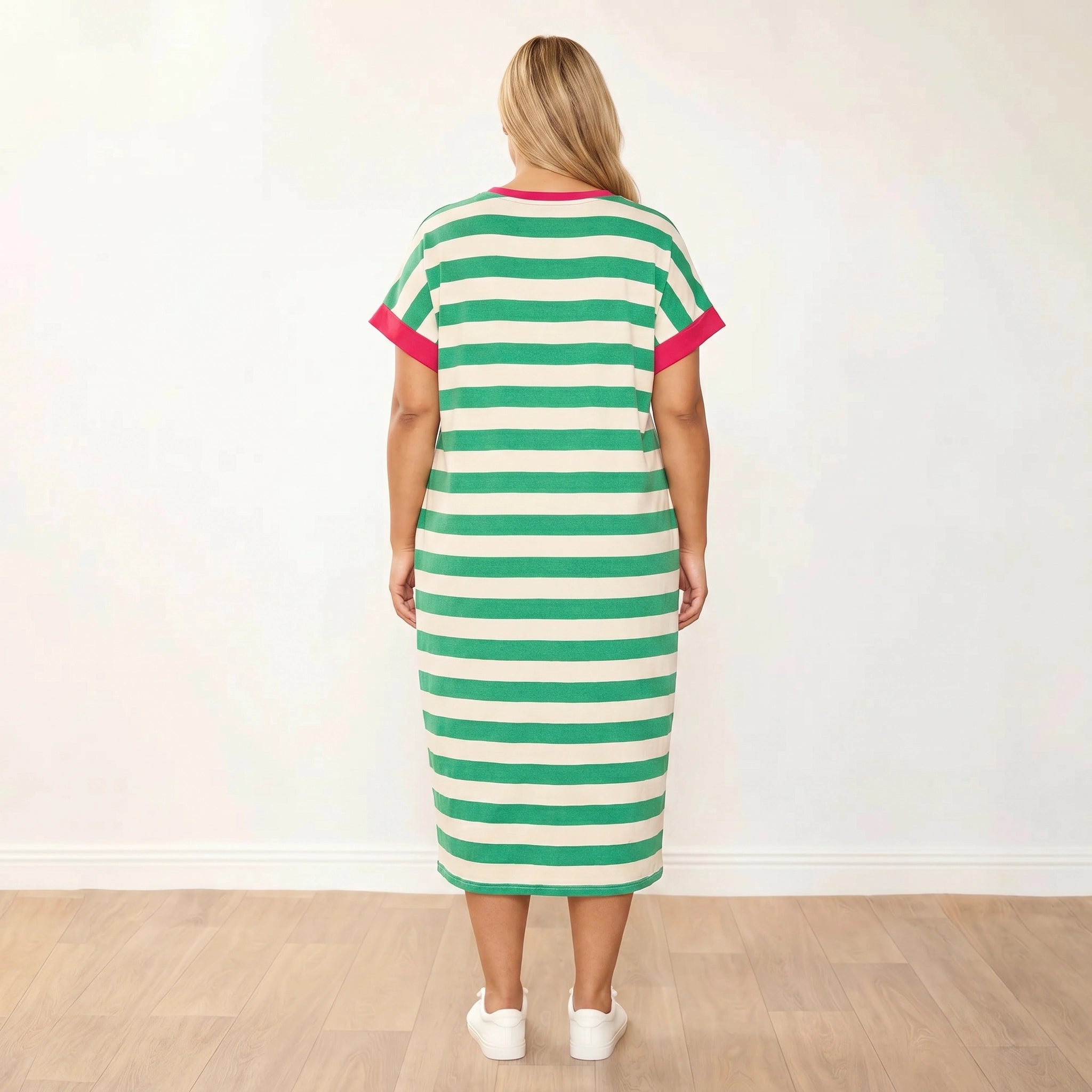 Rachel Dress (Green Stripe/Pink) - Plus Size XXL - Back View