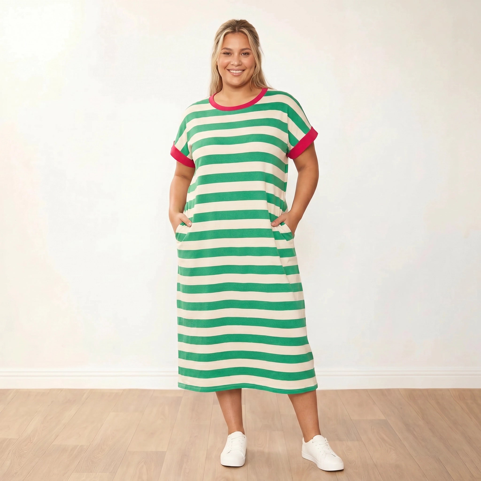 Rachel Dress (Green Stripe/Pink) - Plus Size XXL - Front Smiling Hands in Pockets