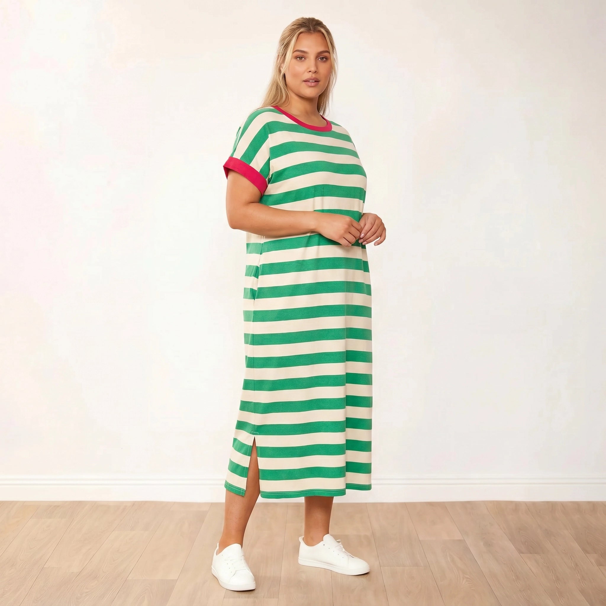 Rachel Dress (Green Stripe/Pink) - Plus Size XXL - Three Quarter Hands Clasped