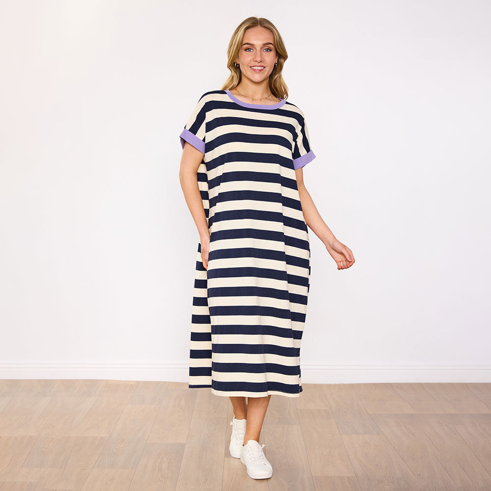 Rachel Dress (Navy Stripe/Lilac)