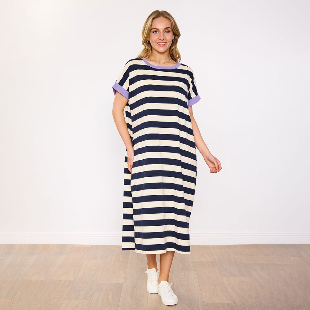 Rachel Dress (Navy Stripe/Lilac)