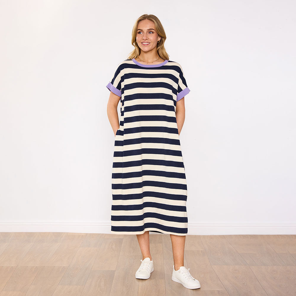 Rachel Dress (Navy Stripe/Lilac)