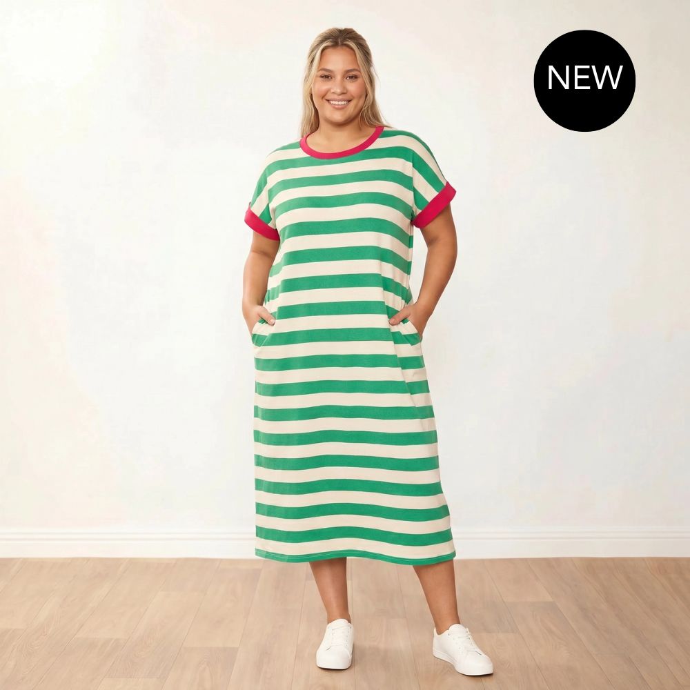 Rachel Dress (Green Stripe/Pink)