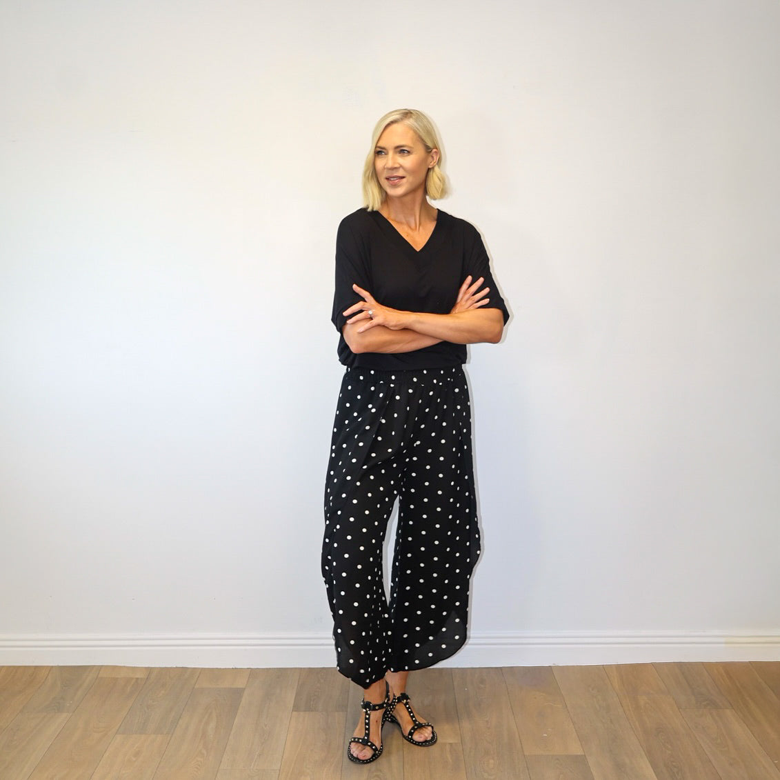 Sasha Wide Leg Pants (Black Polka Dot)