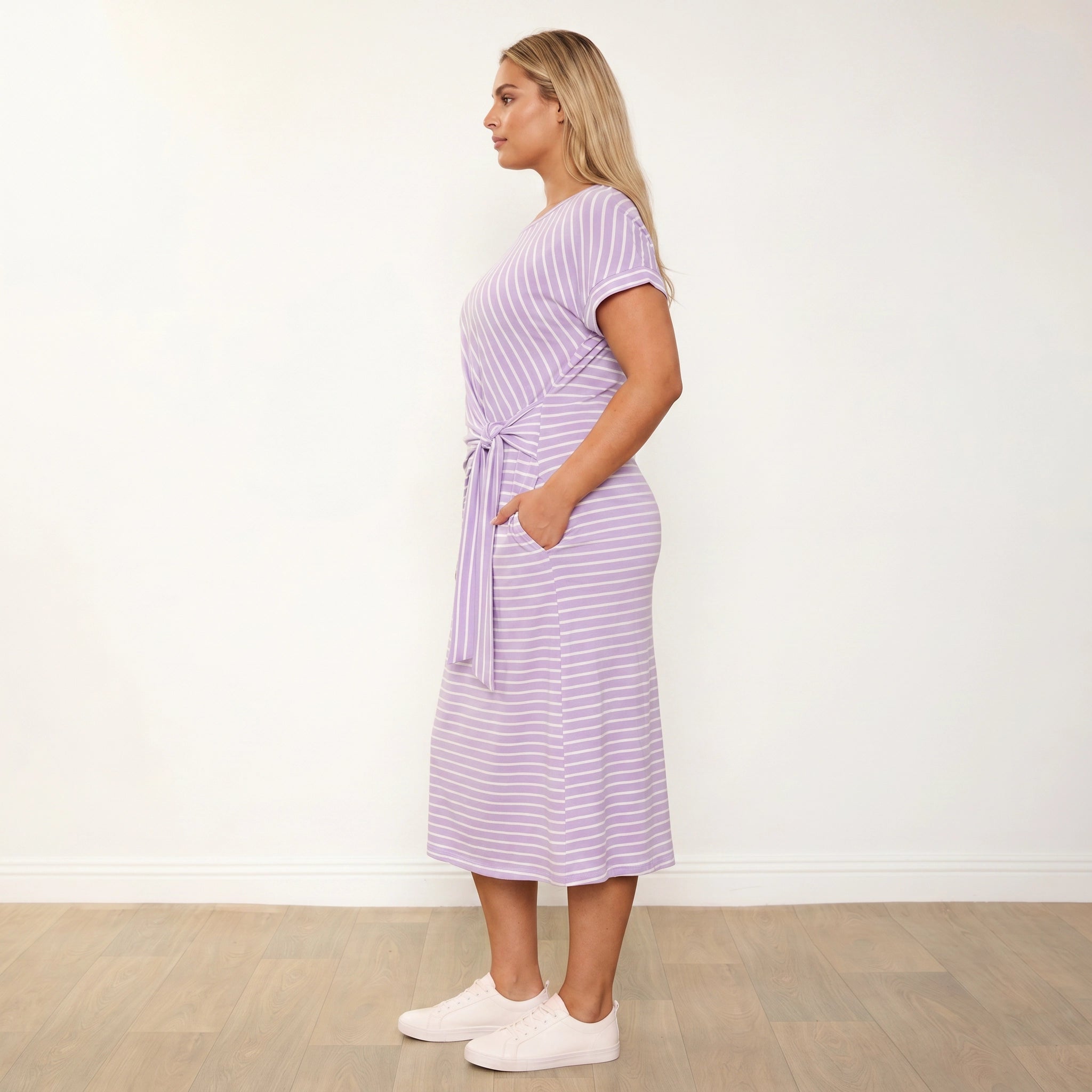 Muriel Dress (Lilac Stripe) - Plus Size XXL - True side profile