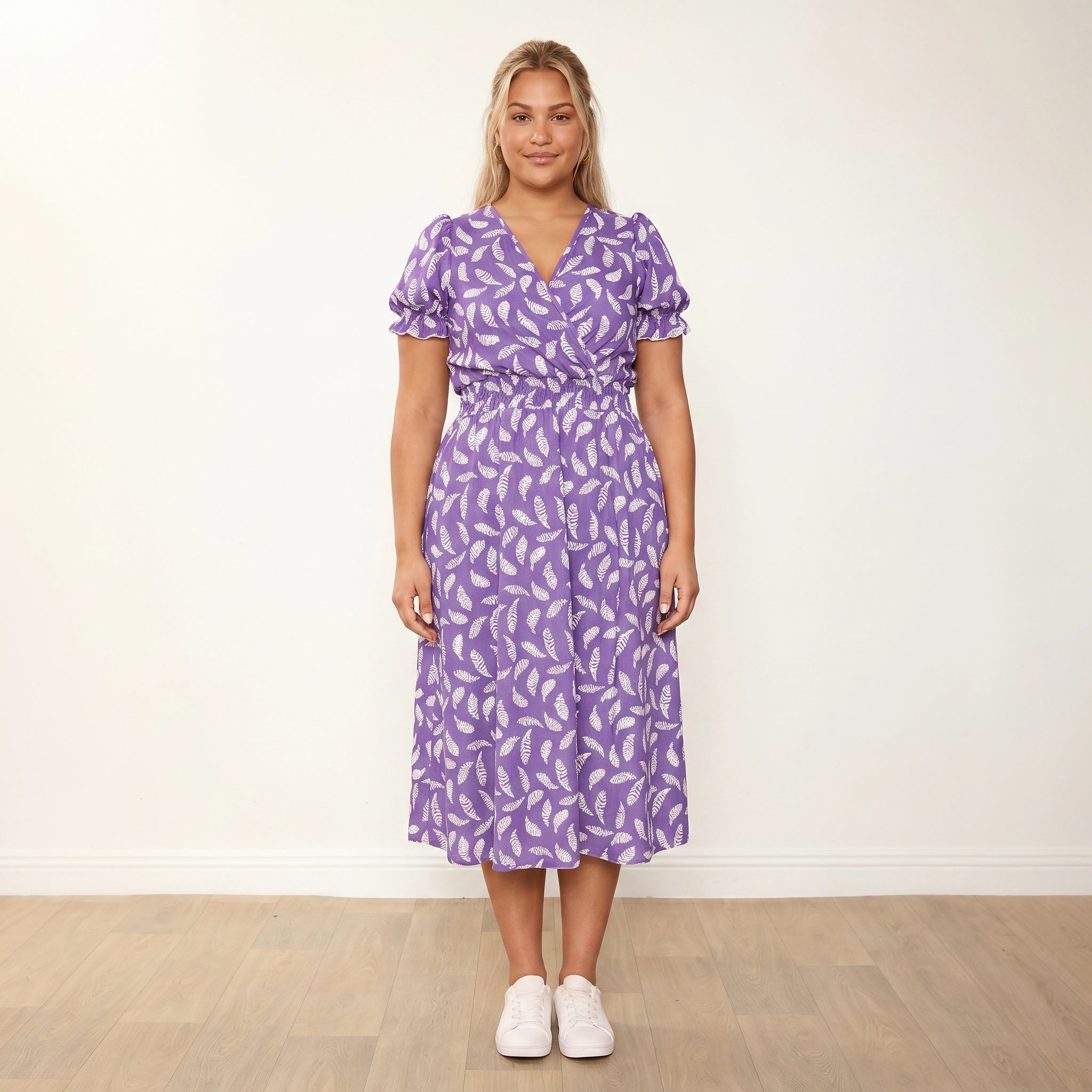 Belle Dress Violet Feather - Plus Size Model XXL, arms relaxed at sides