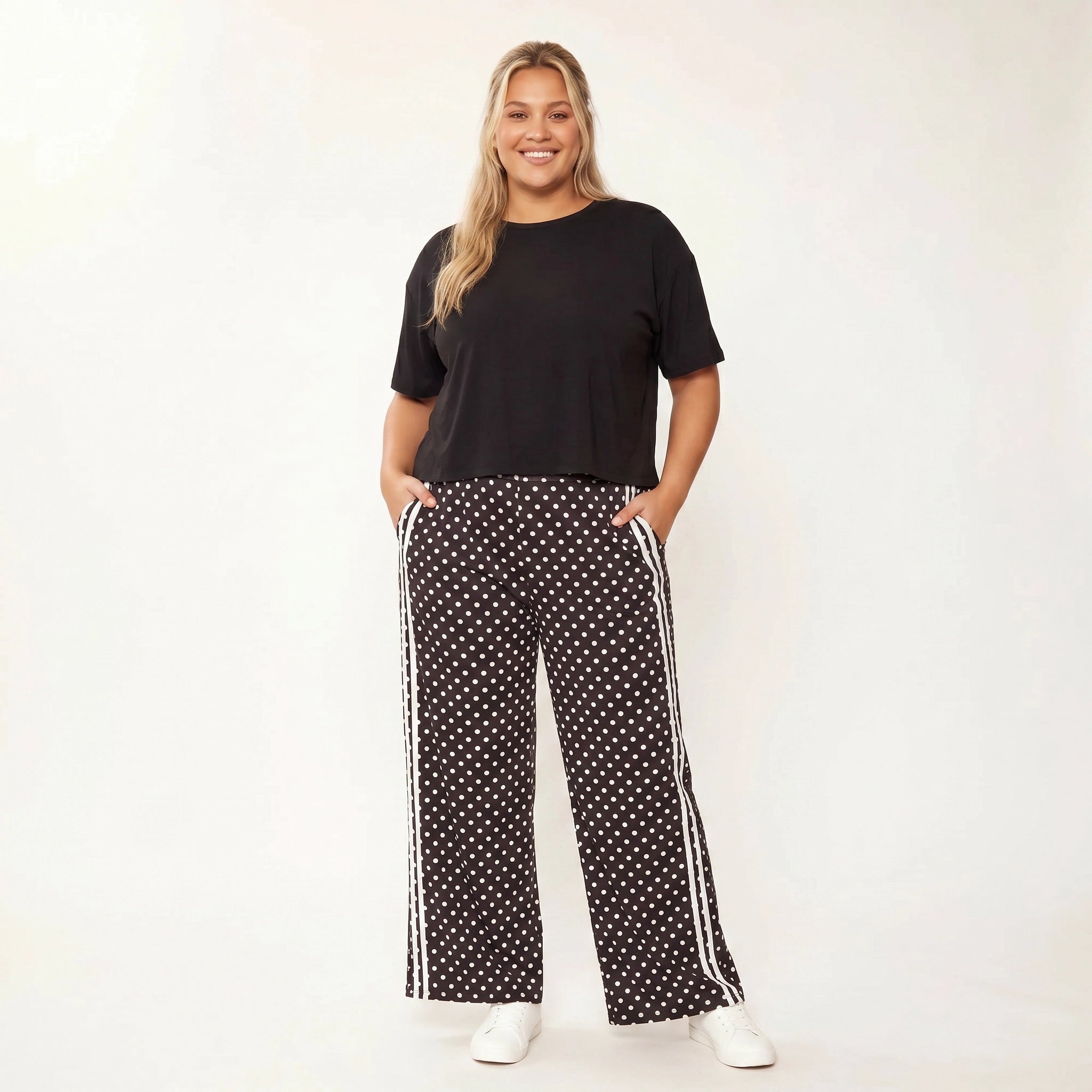 Sheena Co-Ord Black Polka Dot - Plus Size Eliza XXL - Front hands in pockets smiling