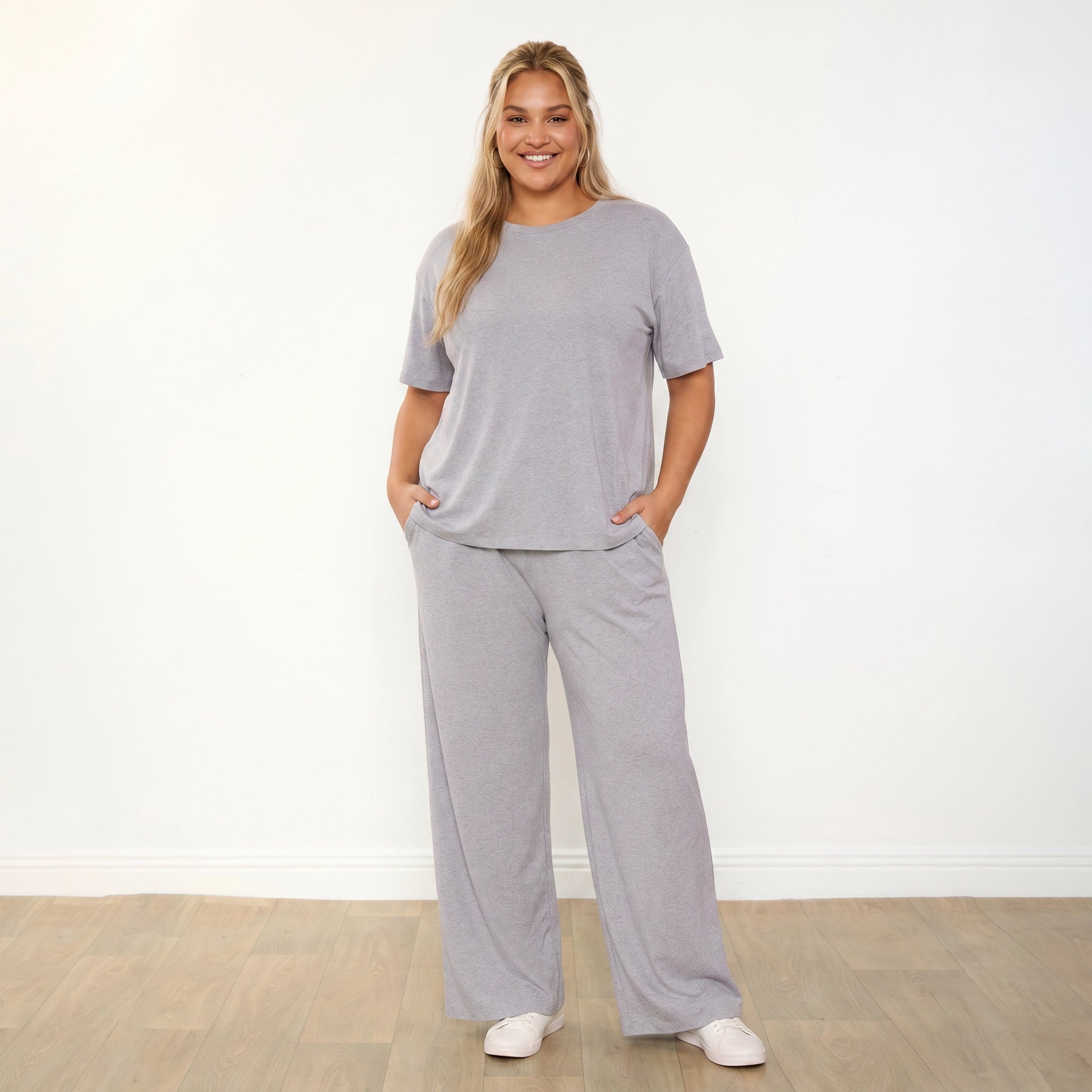 Sally Co-Ord Dove Grey - Plus Size Model XXL - 3/4 angle, one hand in pocket