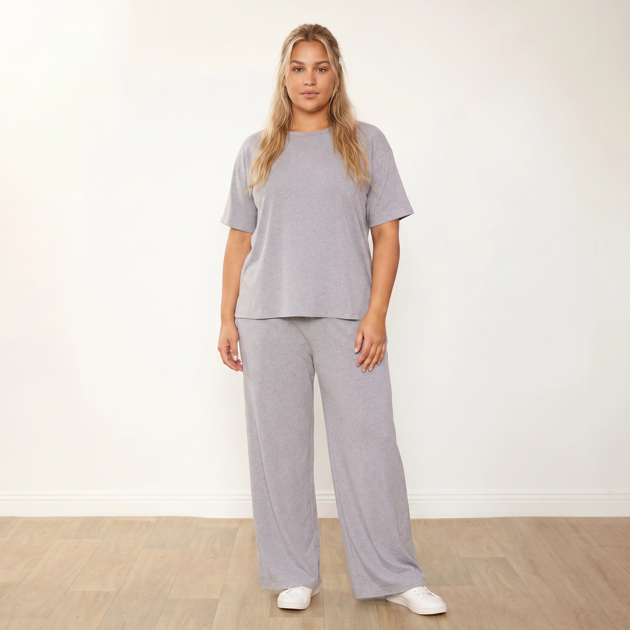Sally Co-Ord Dove Grey - Plus Size Model XXL - Front, hands clasped at waist