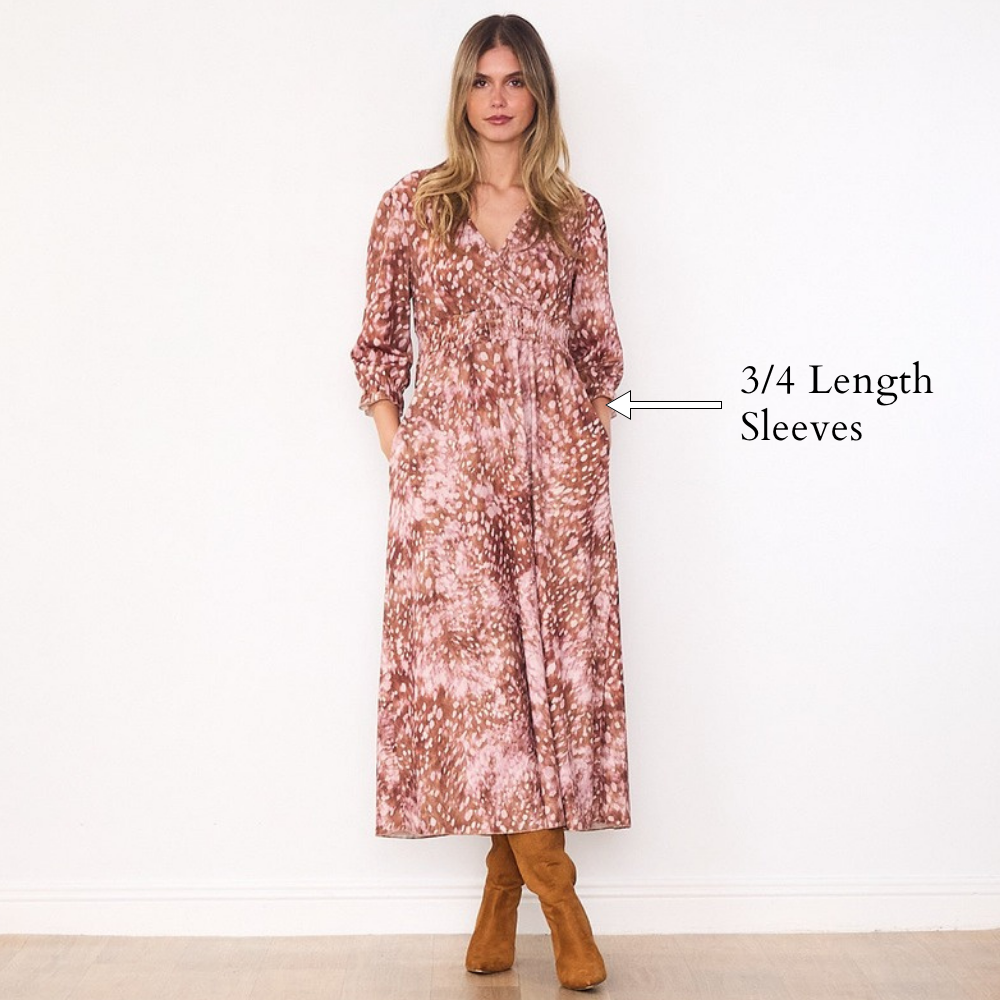 Aoife Wrap Dress (Brown Spot) - 3/4 Length Sleeves