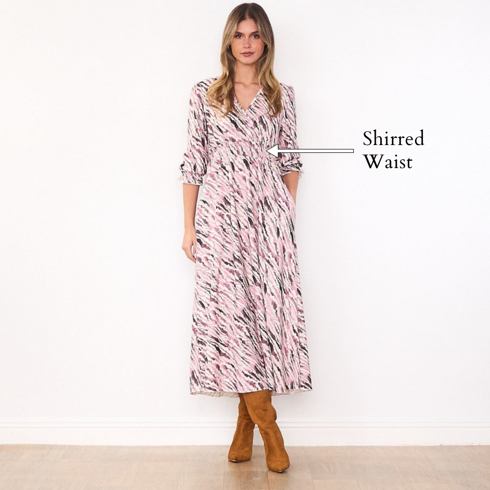 Aoife Wrap Dress (Pink & Burgundy) - Shirred Waist