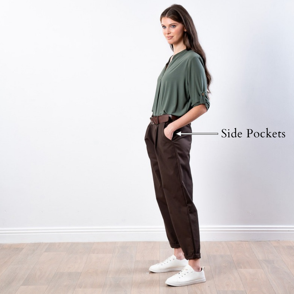 Arya Tapered Trousers (Brown) - Side Pockets