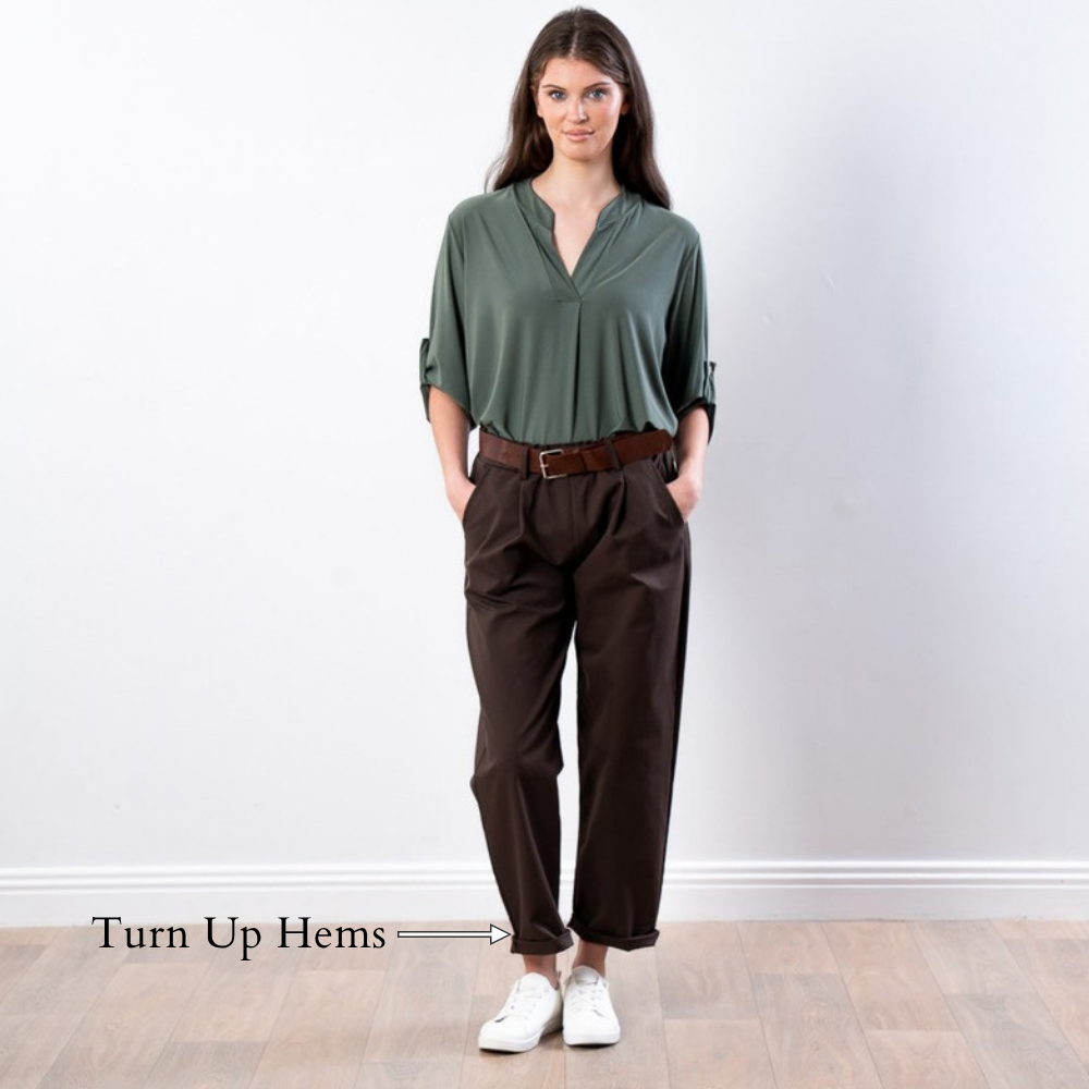 Arya Tapered Trousers (Brown) - Turn Up Hems