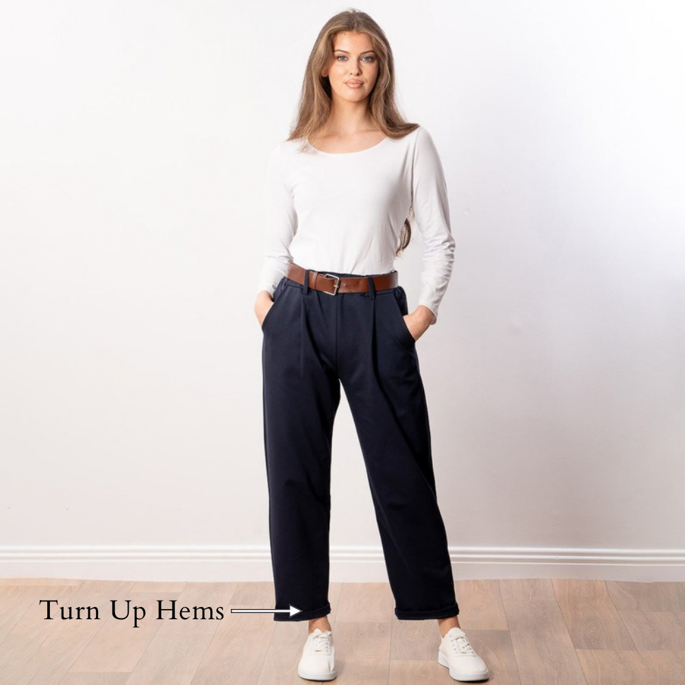 Arya Tapered Trousers (Navy) - Turn Up Hems