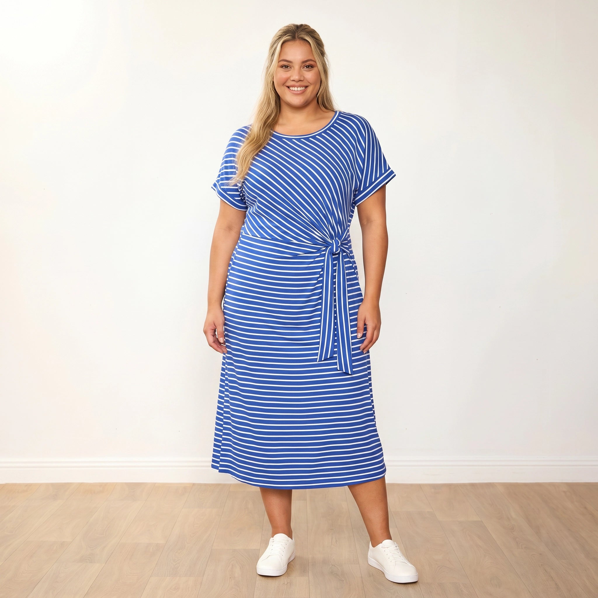 Muriel Dress (Cobalt Stripe) - Eliza plus size model, front arms relaxed