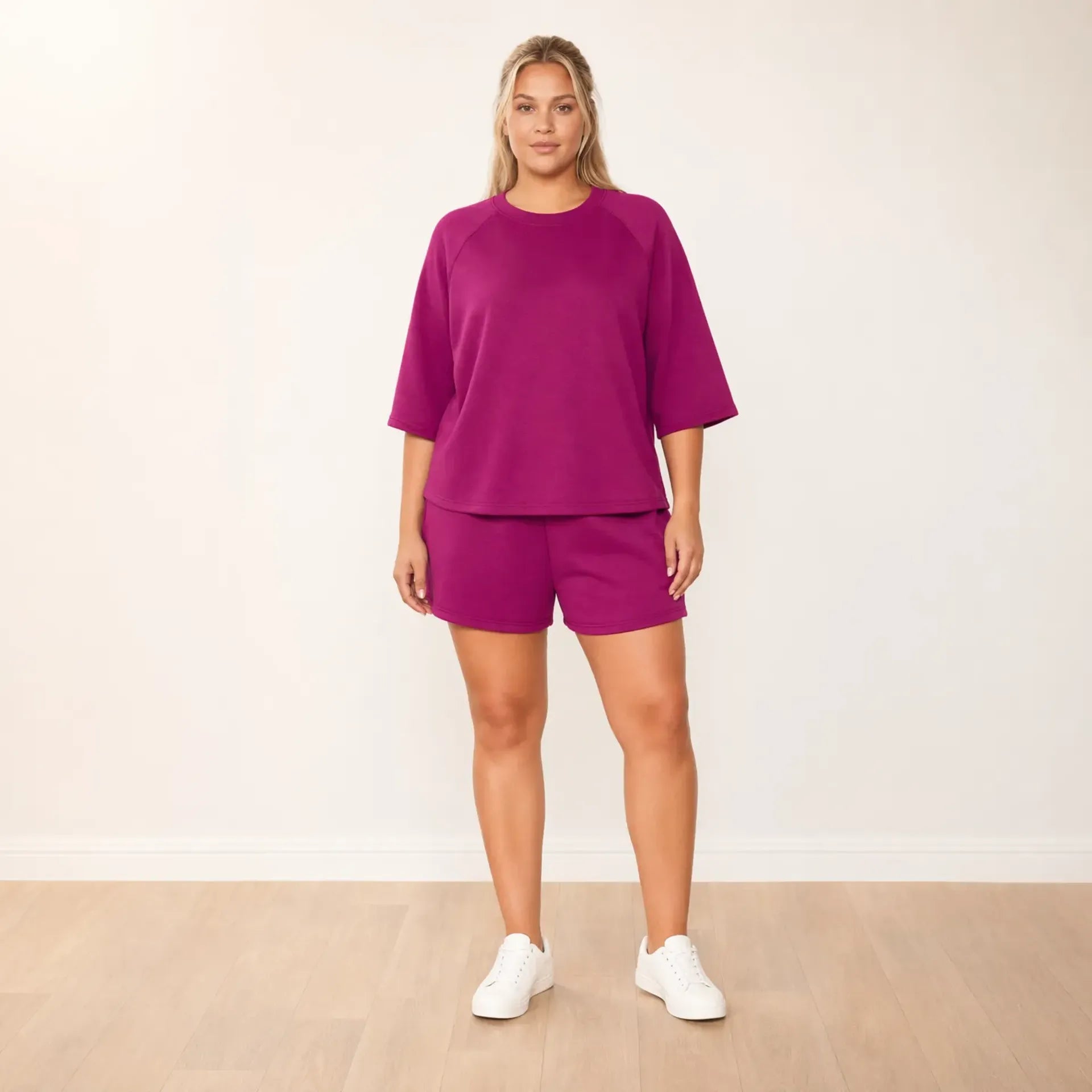 Suki Set Berry - front arms at sides, plus size model