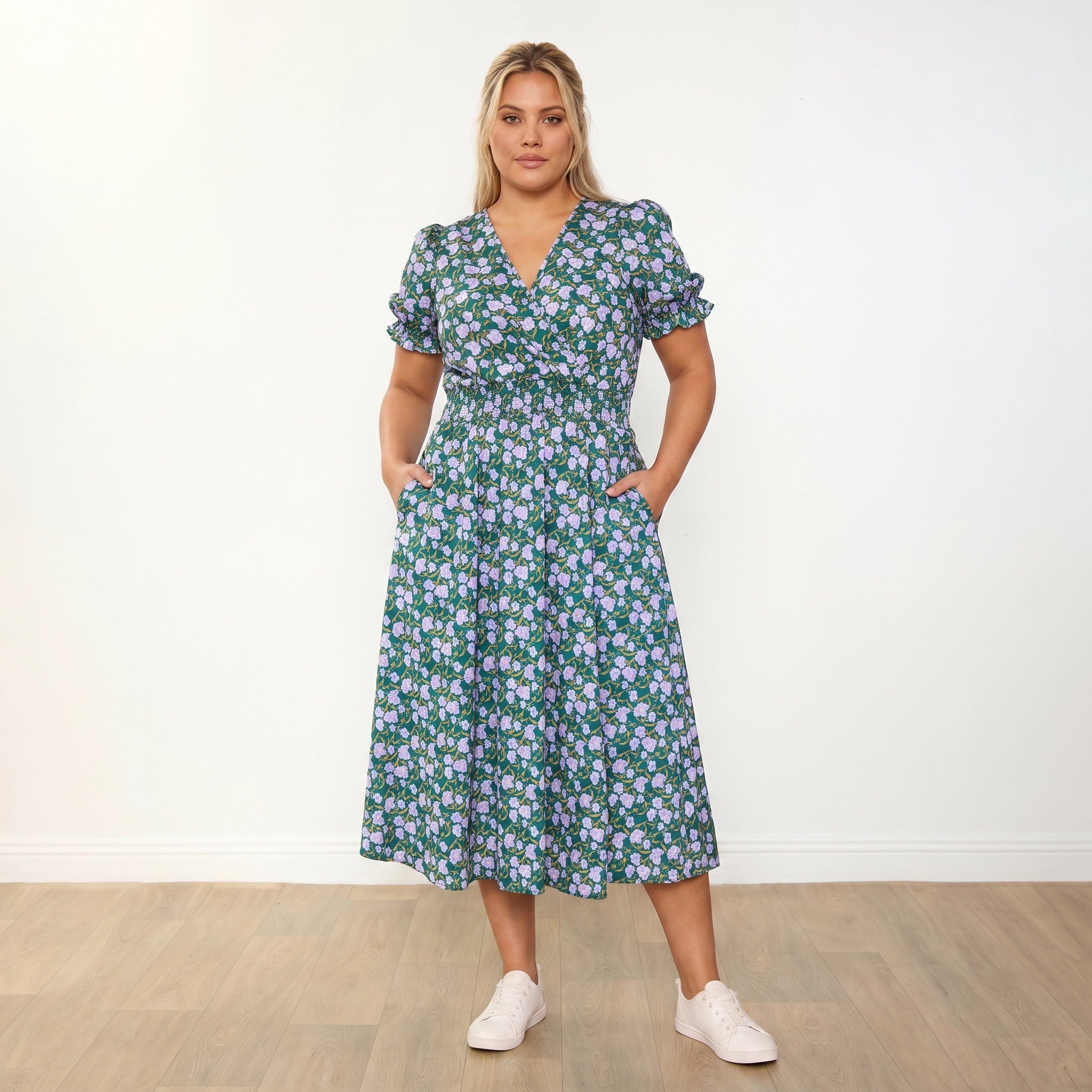 Belle Dress Green Lilac Wildflower - plus size model front, direct gaze