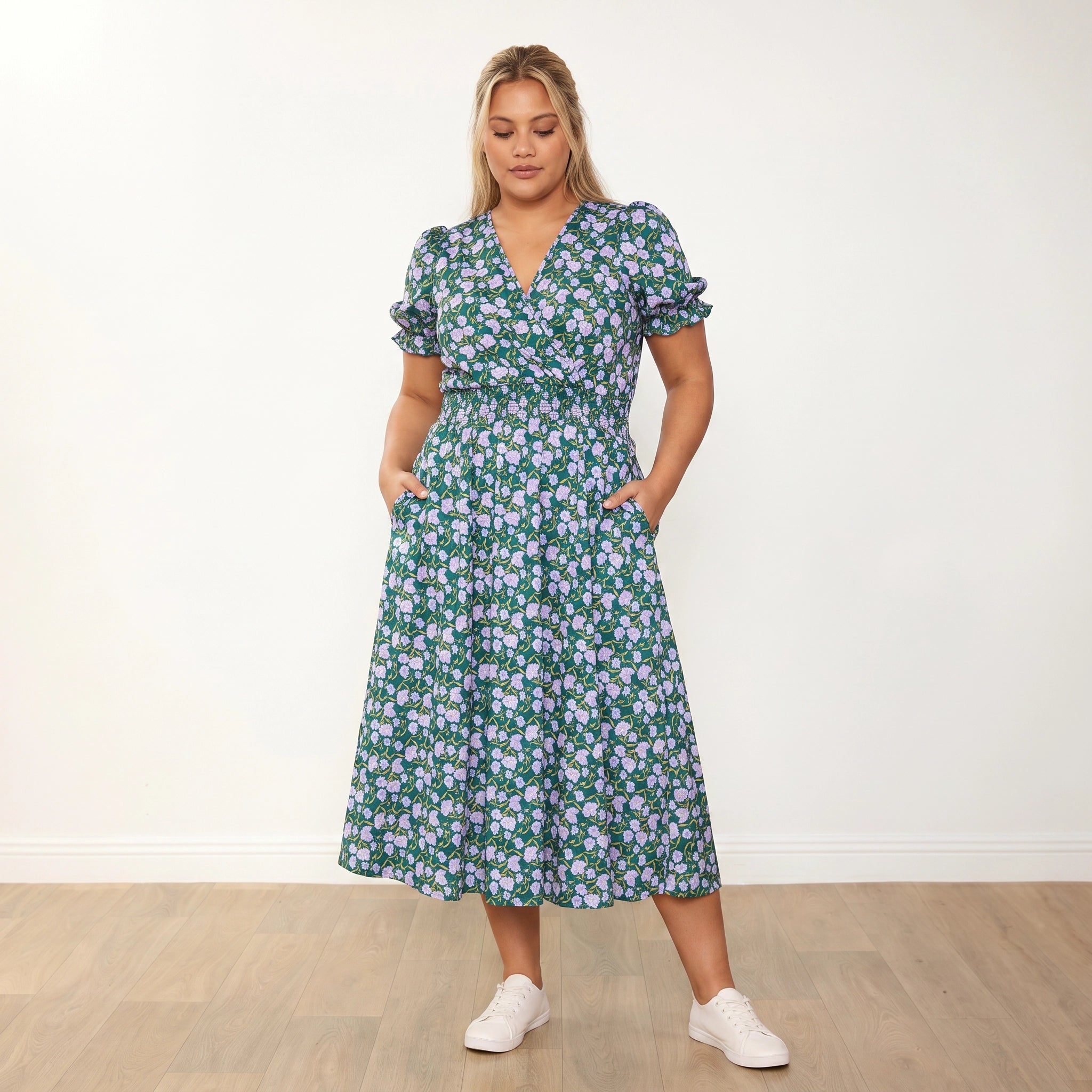 Belle Dress Green Lilac Wildflower - plus size model front, neutral expression