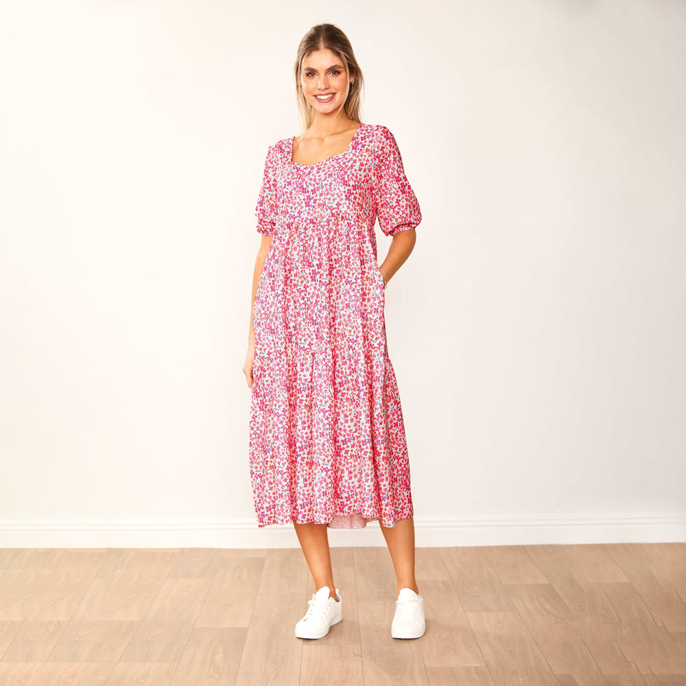 fuschia casual dress Short Sleeve Midi Viscose Column Regular Fuchsia Casual Dress