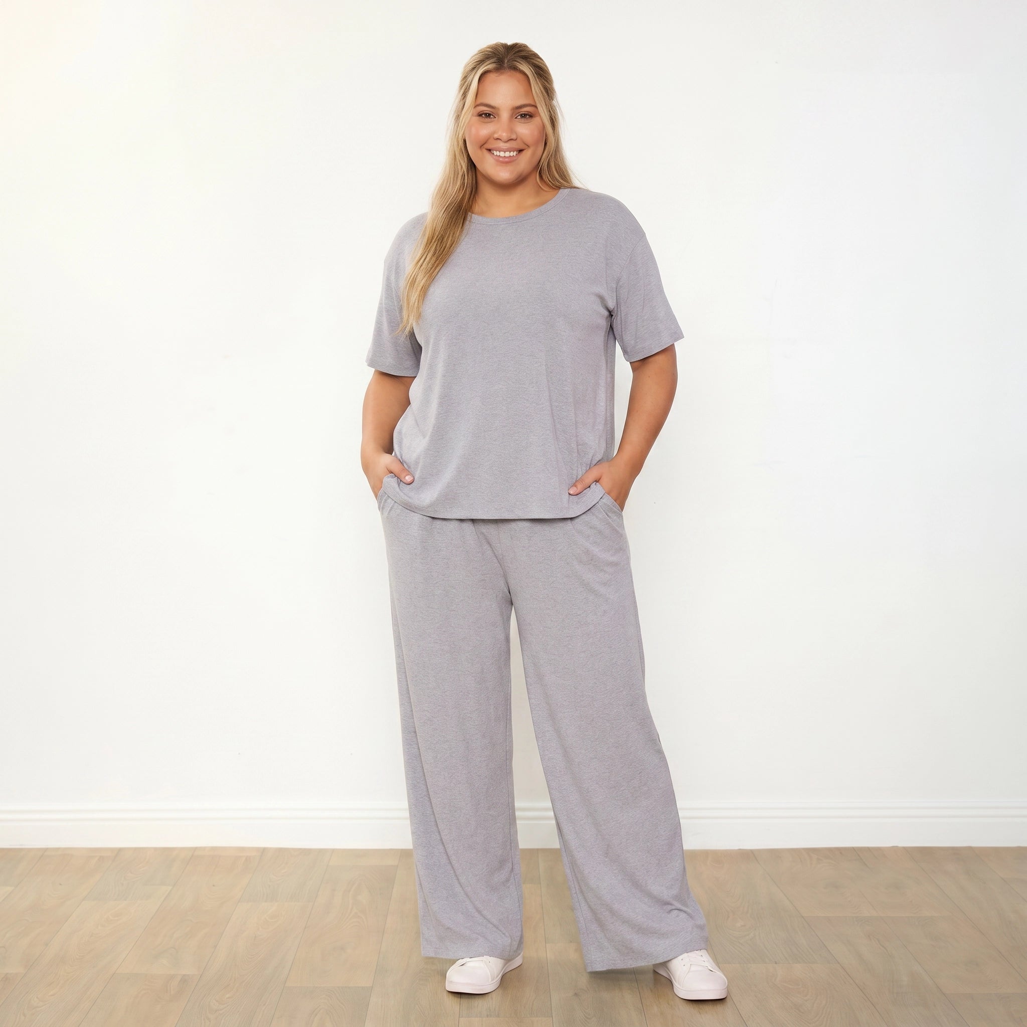 Sally Co-Ord Dove Grey - Plus Size Model XXL - Front, hands in pockets