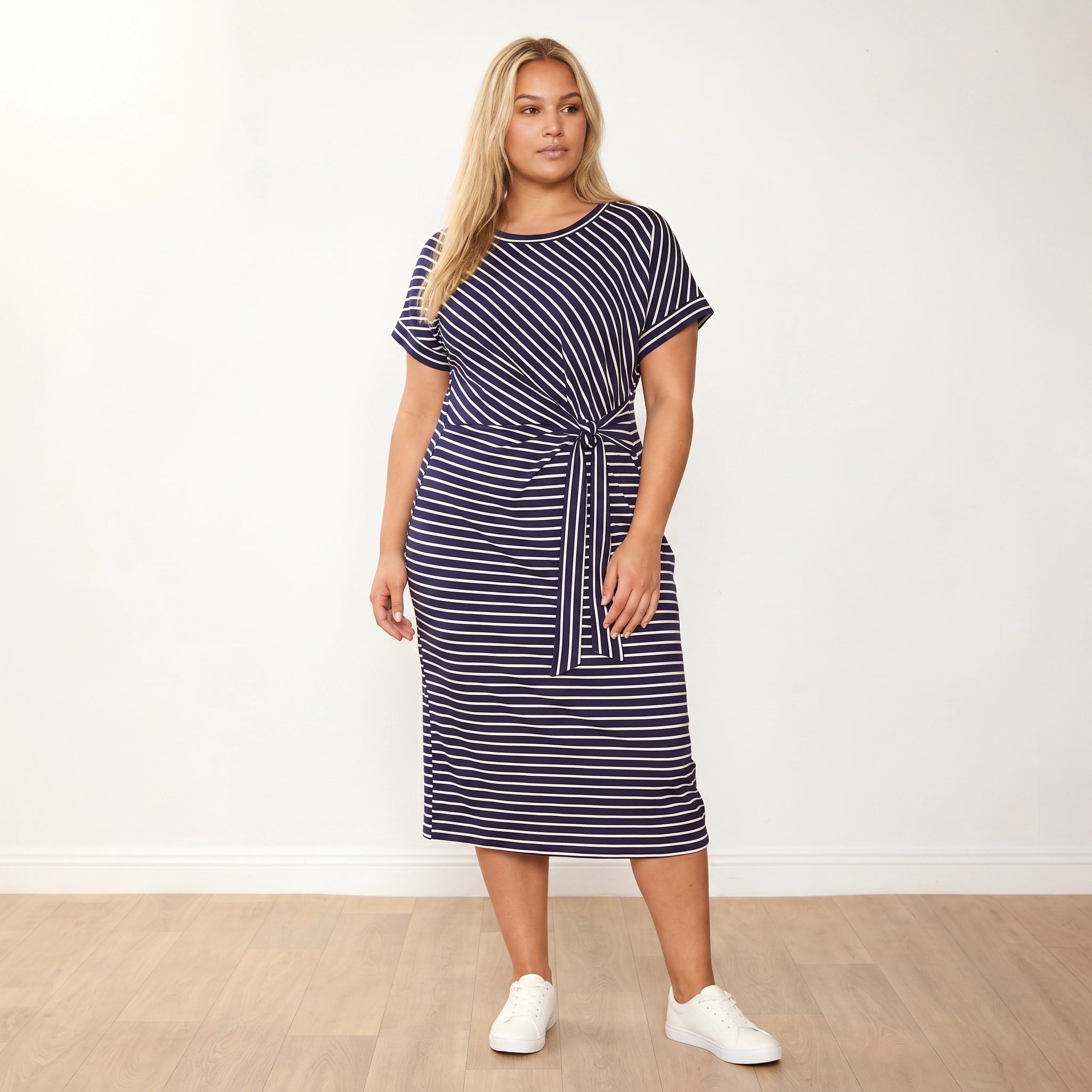 Muriel Dress Navy Stripe - Plus Size Front Editorial