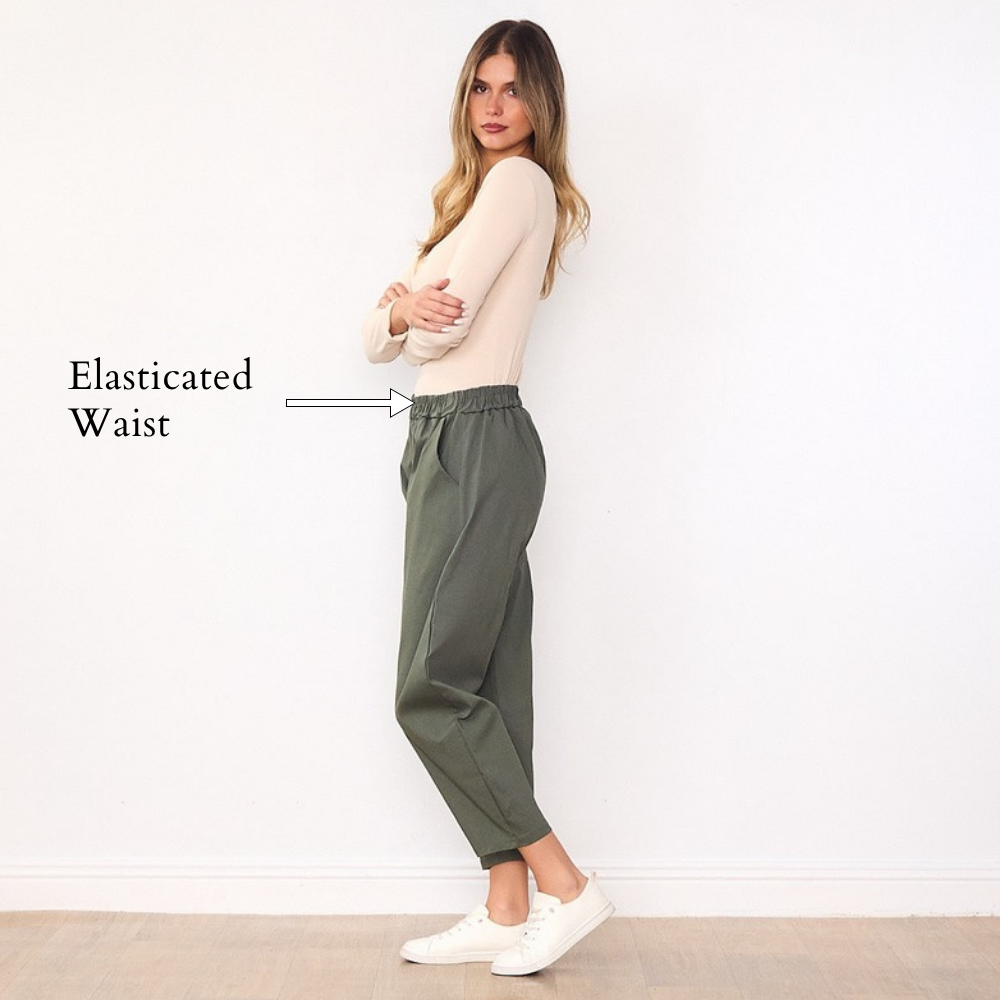 Elora Barrel Leg Trousers (Khaki) - Elasticated Waist