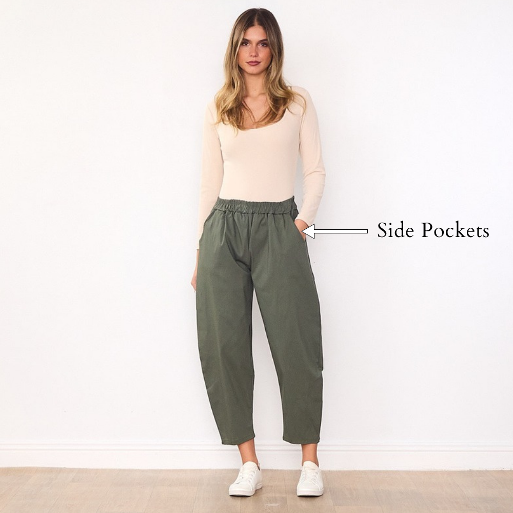 Elora Barrel Leg Trousers (Khaki) - Side Pockets