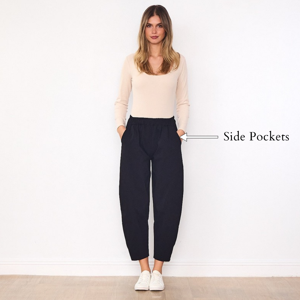 Elora Barrel Leg Trousers (Navy) - Side Pockets