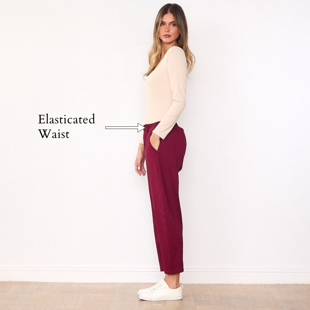 Elora Barrel Leg Trousers (Wine) - Elasticated Waist