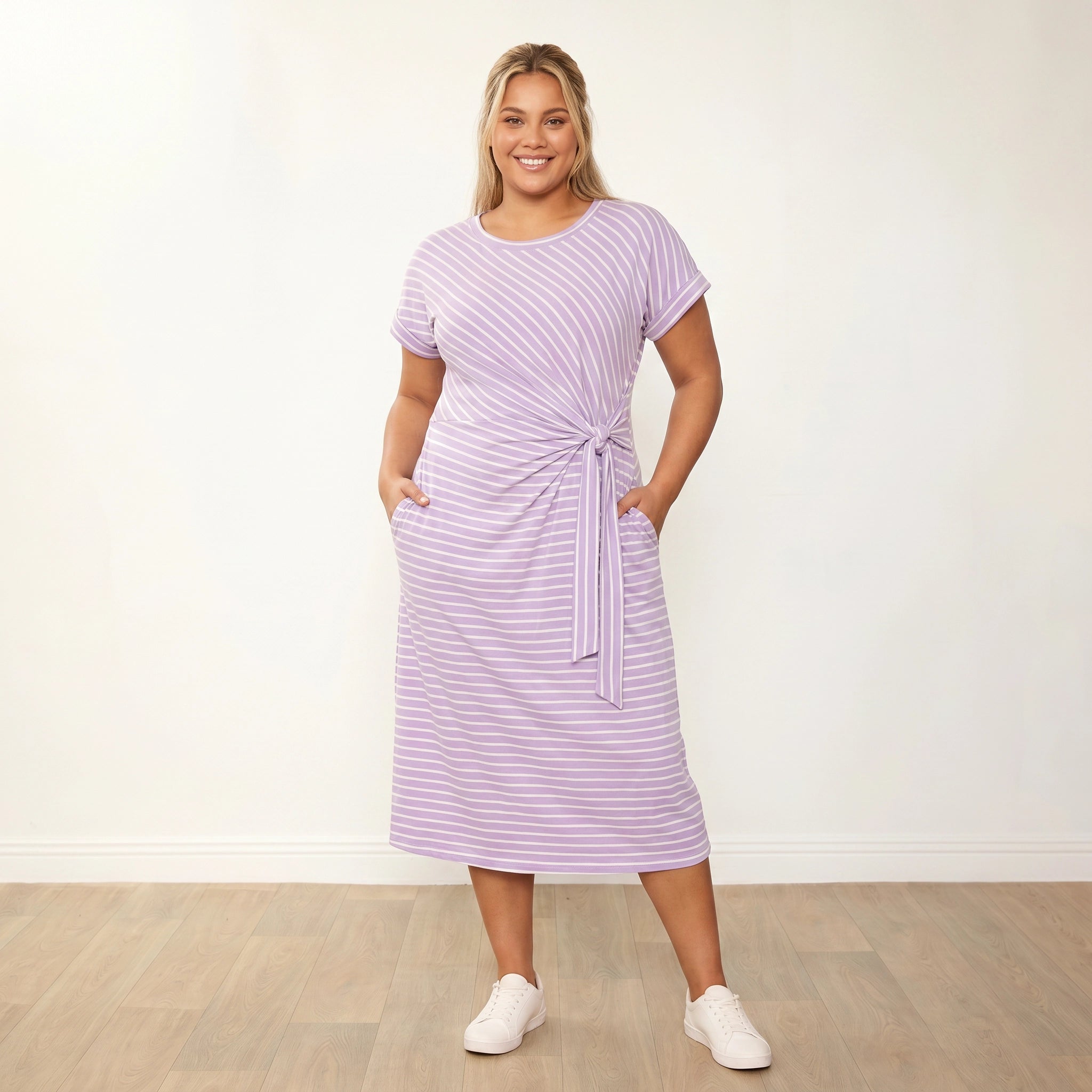 Muriel Dress (Lilac Stripe) - Plus Size XXL - Front, hands in pockets, candid smile