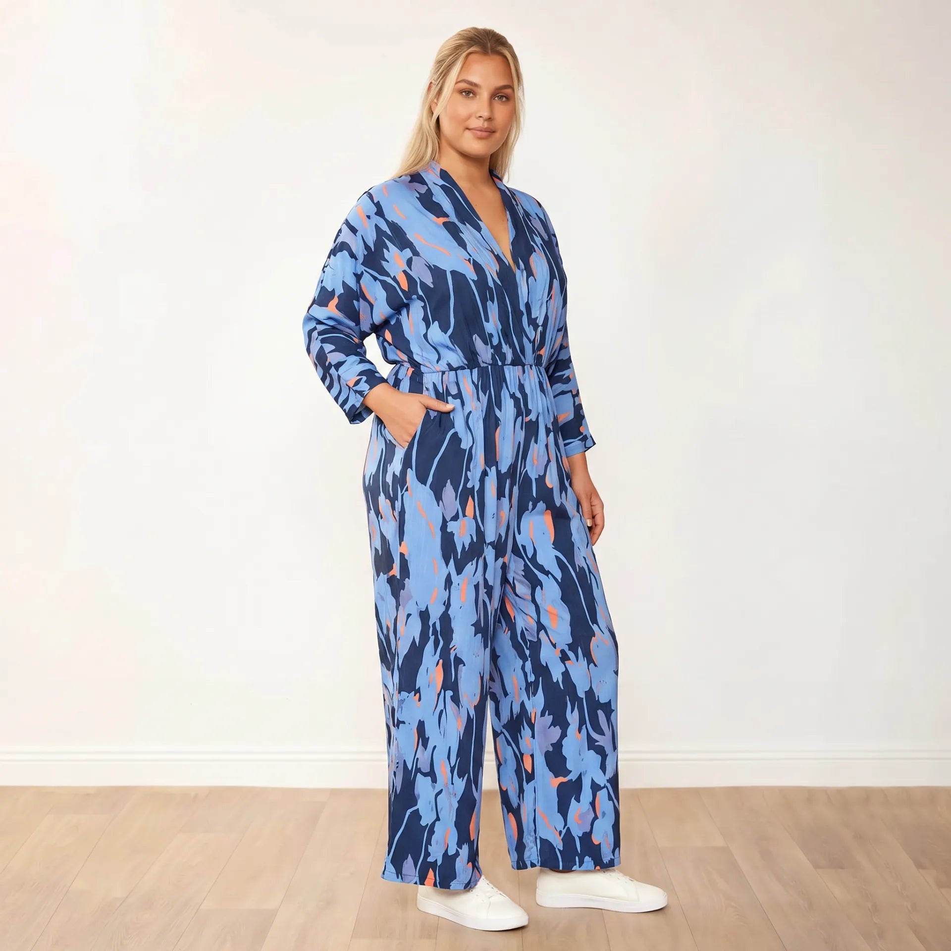 Vogue Jumpsuit in navy and orange abstract print – women's jumpsuit – view 7