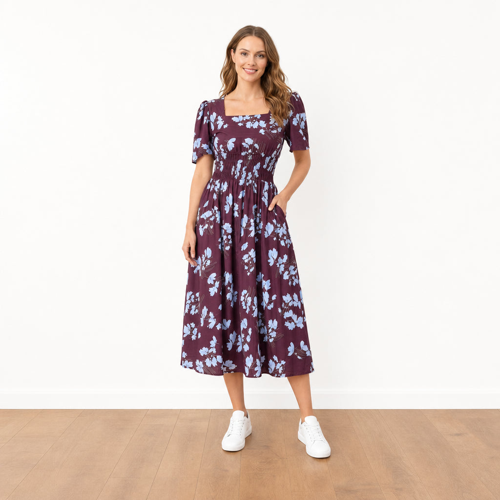 Iris Dress Berry Blue Flower - Front view