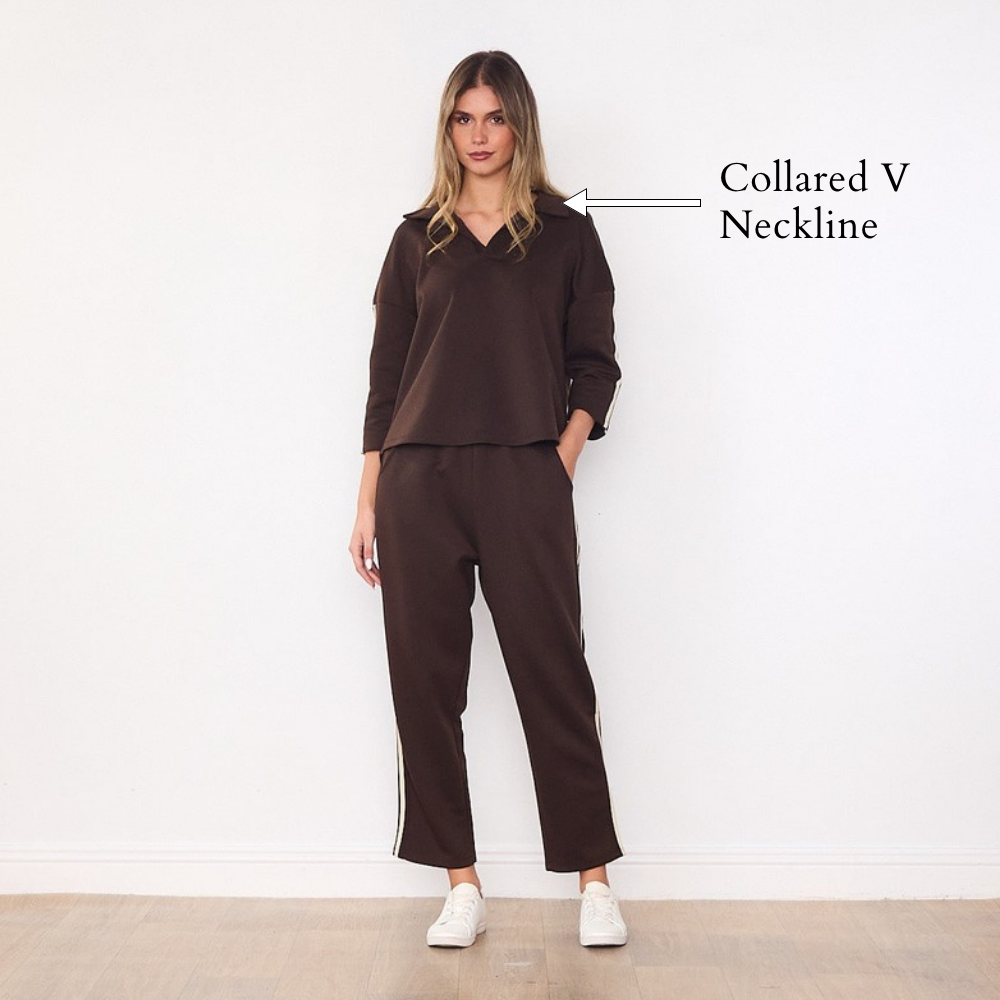 Jane Co-ord (Brown & Cream Stripe) - Collared V Neckline