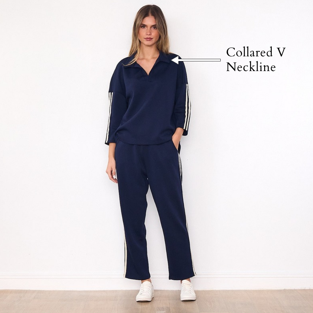 Jane Co-ord (Navy & Cream Stripe) - Collared V Neckline