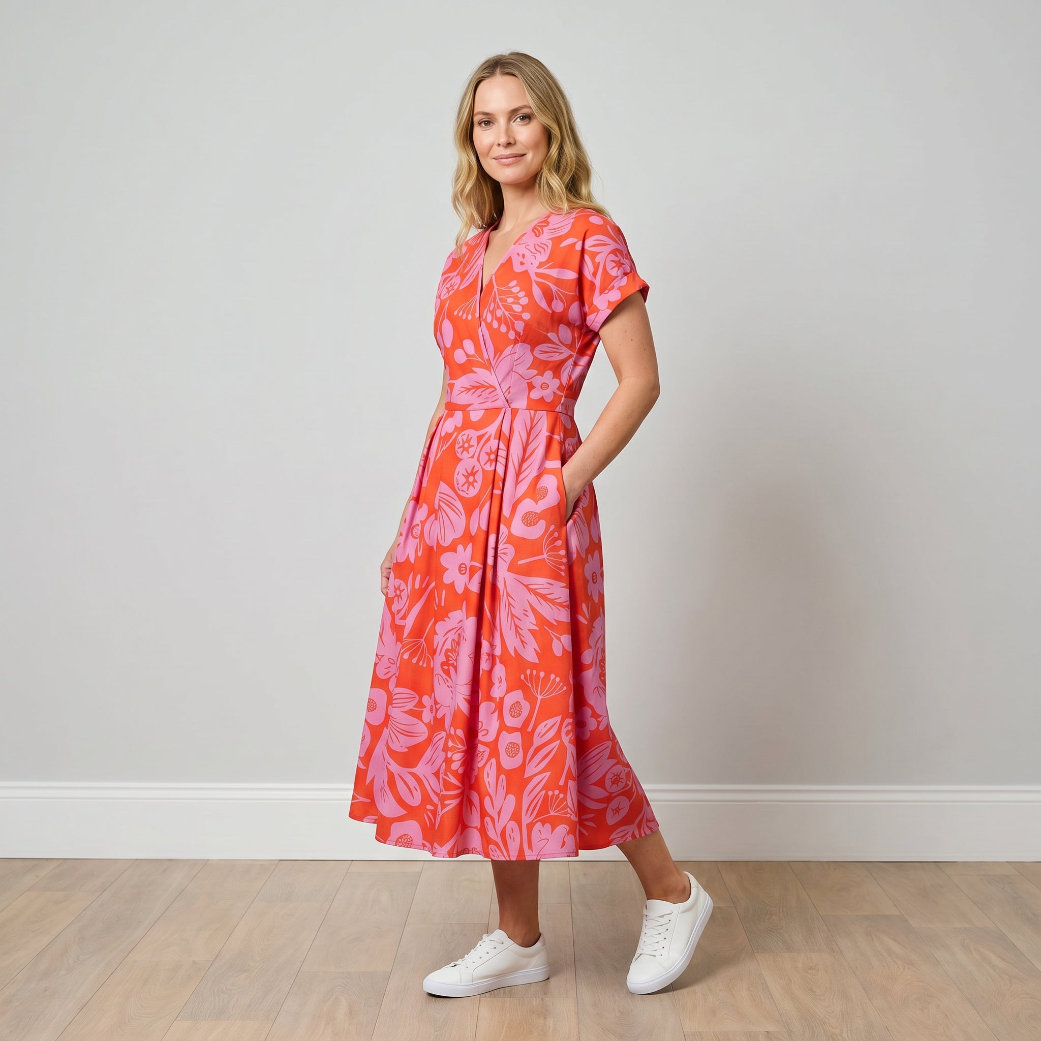 Kennedy Dress (Pink/Red Garden Print) - Three-quarter view