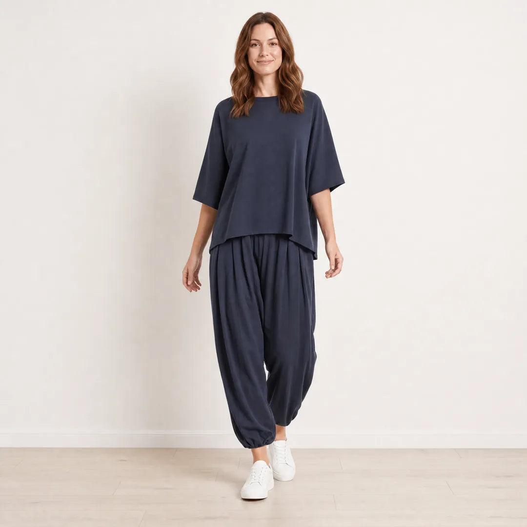 Orla Co-Ord in Navy on T_Aisling, cheerful front walking pose