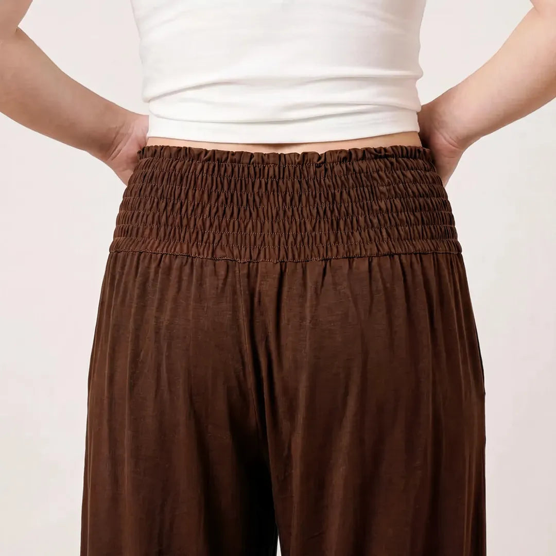 Back close-up of the shirred waistband on Orla Trousers in Chocolate Brown