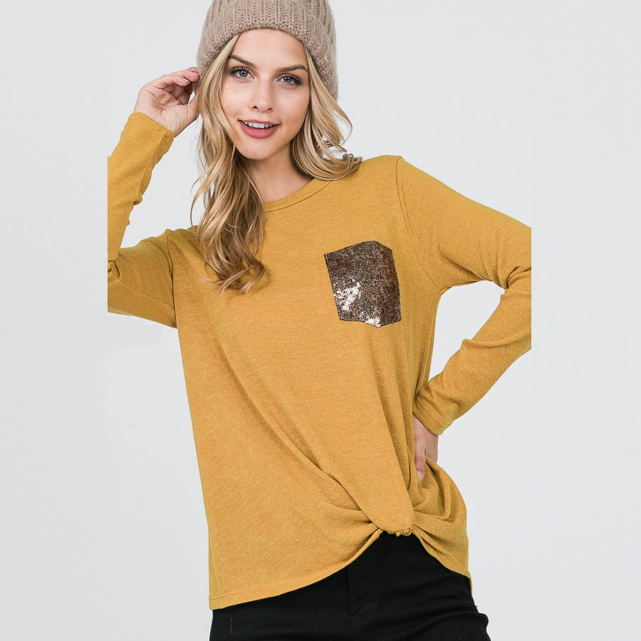 Glitter Pocket Knot Top Mustard