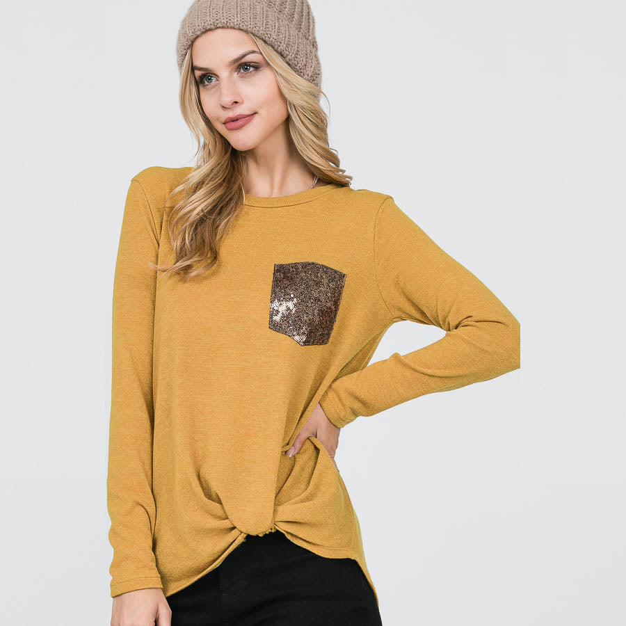 Glitter Pocket Knot Top Mustard