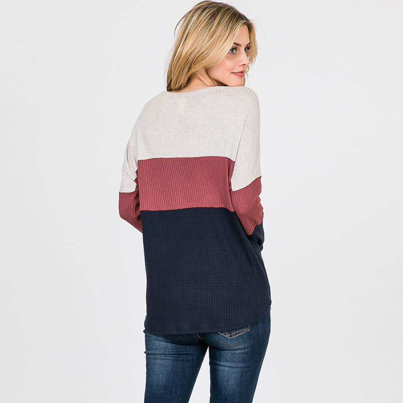 Waffle knit Colour Block Top Navy