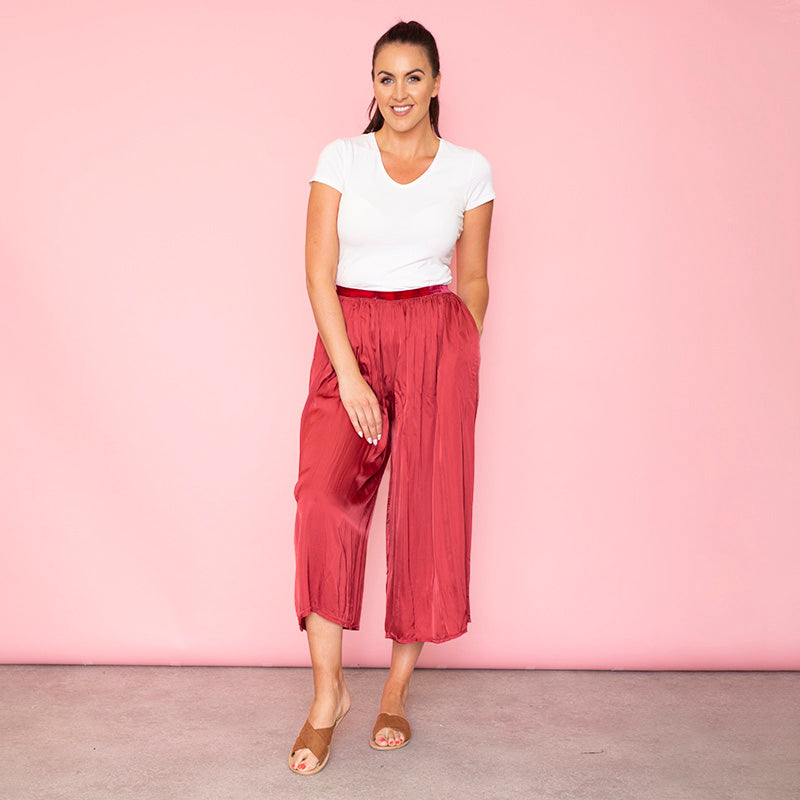 Aly Loose Elastic Waist Trousers Cherry