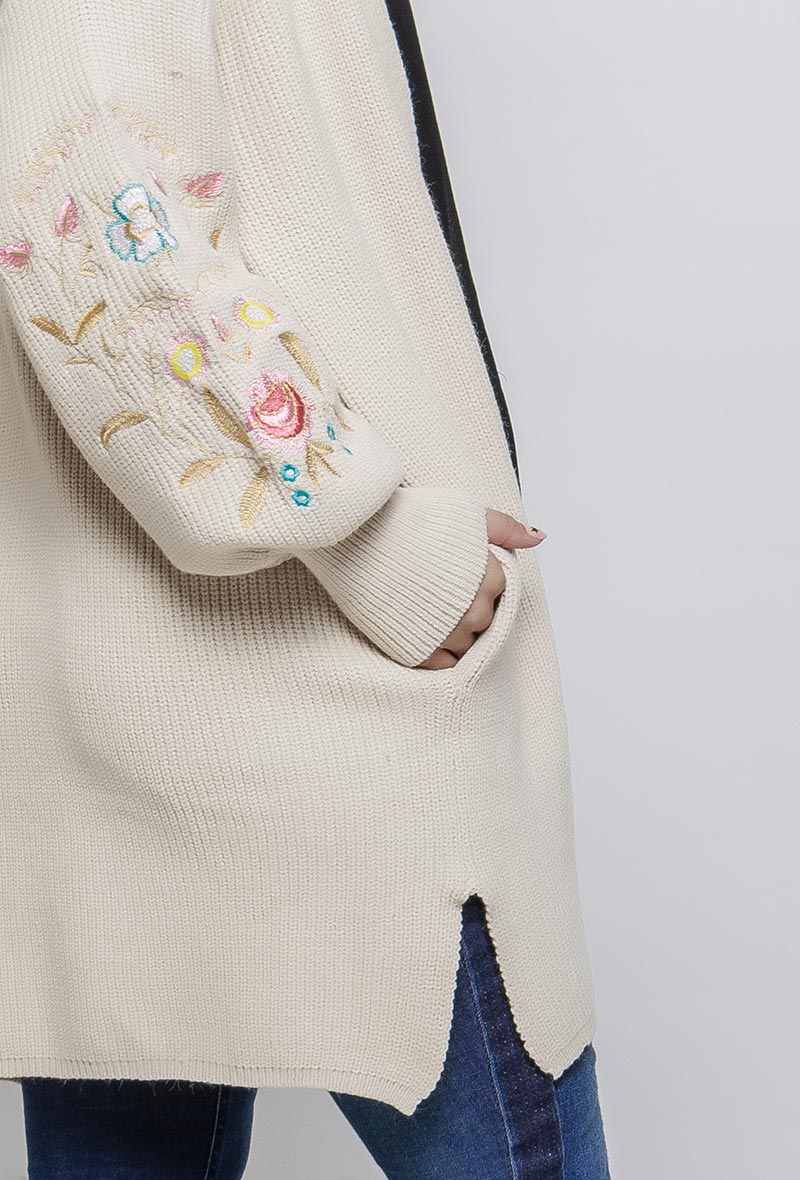 Long Floral Embroidered Cardigan Cream