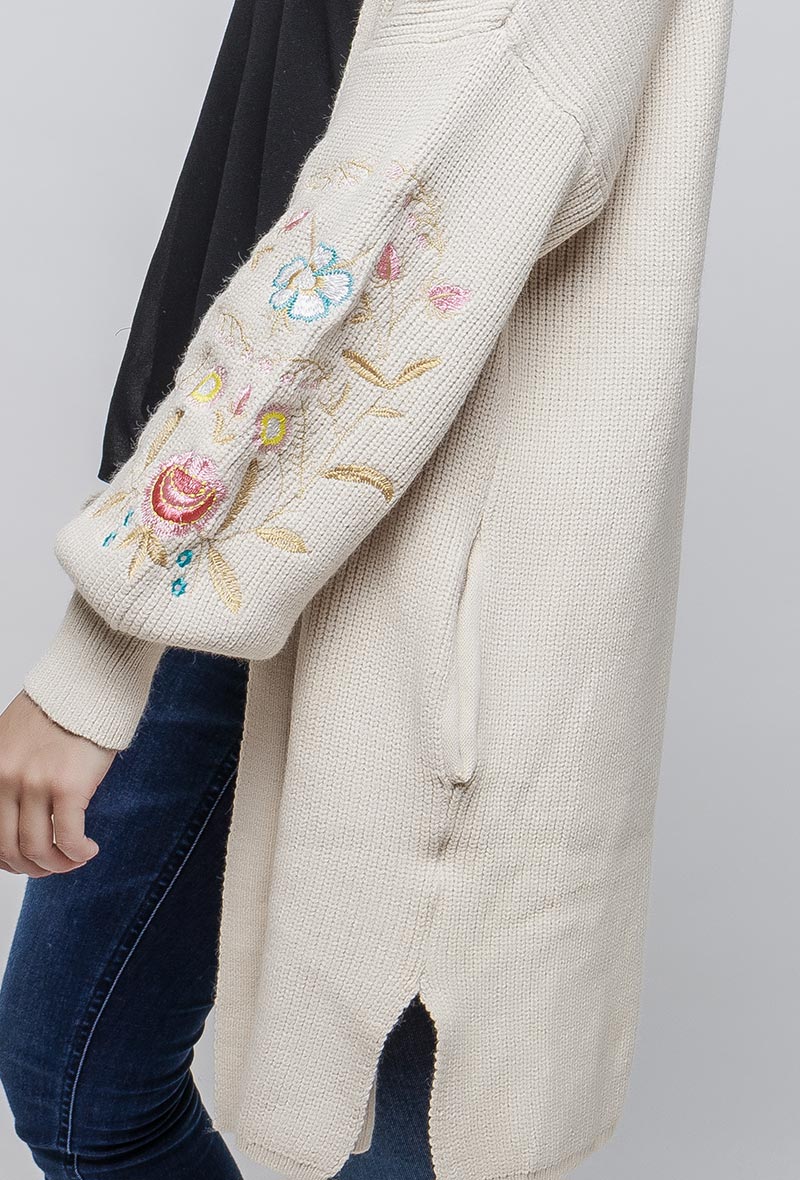 Long Floral Embroidered Cardigan Cream