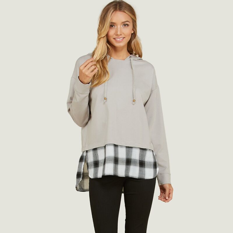 Checkered Hem Hoodie Sweater Grey